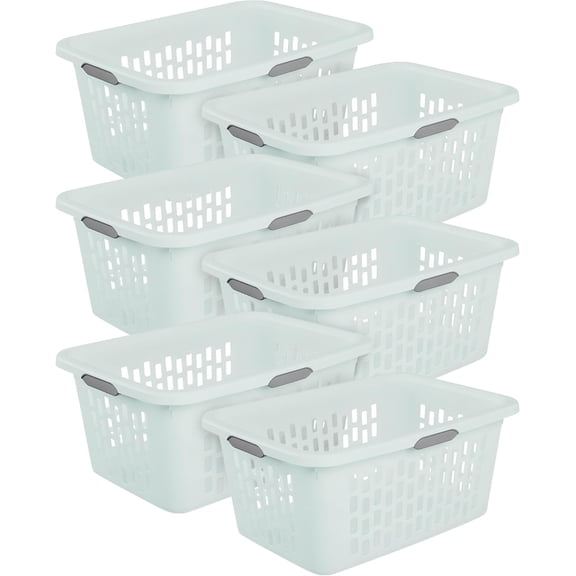 6-Pack 2 Bushel Laundry Basket, Rectangular Plastic Clothes Hamper, Mint - Ventilated Open-Top Utility Wash Bin with 4 Handles and Large Clothing Load Capacity