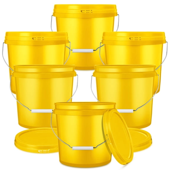 6 Pack 2 Gallon Plastic Bucket with Lid Heavy Duty Pail with Metal Handle Reusable Small Multipurpose Paint Buckets Container for Food Storage(Yellow)