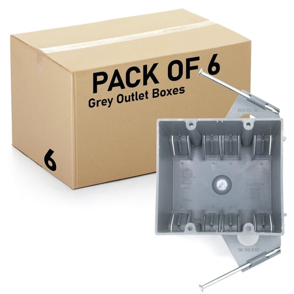 6 Pack 2-Gang PVC Electrical Box, Grey Outlet Box, Two Gang New Work Junction Box, Captive Nails, 32 cu. Inches, Length 3-3/4'', Width 2-1/4'', Depth 2-7/8'', 2 Hour Fire Rated Electrical Box