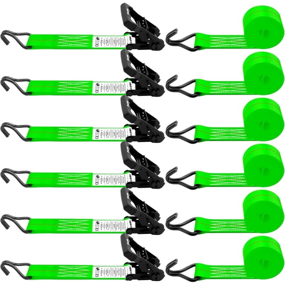 6 Pack 2 inch Ratchet Straps Heavy Duty J Hook 2 in x 15ft with Ratcheting, Cargo Load Tie Down Strap 2200lbs Working Load for Green