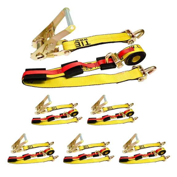 6 Pack 2" x 10' Swivel J Hook Over Tire Wheel Ratchet Tie Down for Car Hauler