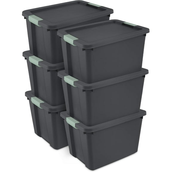 6-Pack 20 Gallon Latch Tote – Stackable Plastic Storage Bins, Gray/Green