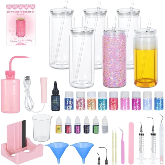 6 Pack 20 Oz Acrylic Snow Globe Tumbler Supplies Starter Kit, Double Wall Plastic Pre-Drilled Snowglobe Tumbler Cup Tool Set, Including Squeeze Bottle Cup Cradle and Scraper etc.