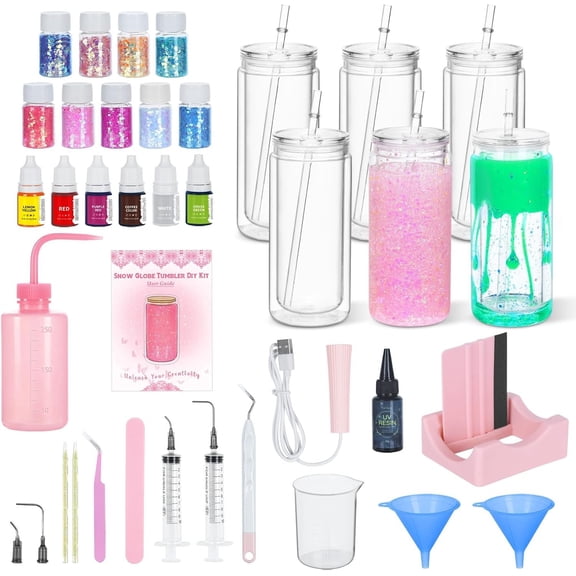 6 Pack 20 Oz Snow Globe Tumbler Diy Starter Kit, Double Wall Plastic Pre-Drilled Snowglobe Tumbler Supplies Craft Tool Set