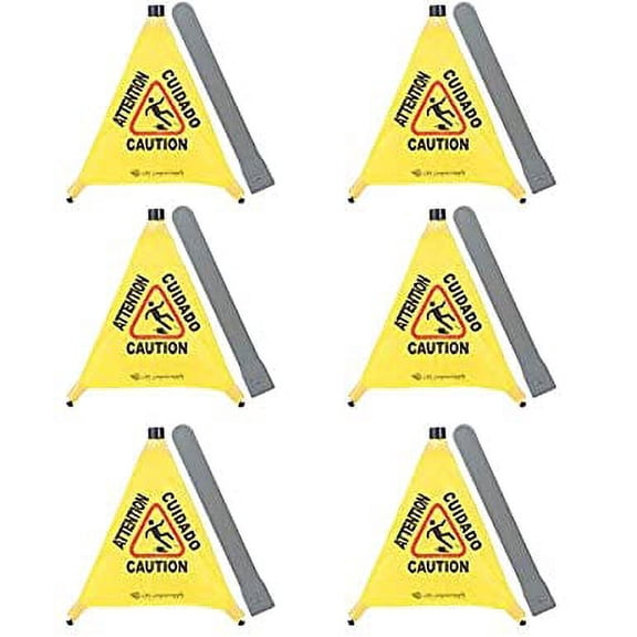 "6-Pack 20"" Pop-up Safety Cone Yellow Plastic Caution Wet Floor Signs with Storage Tubes Wholesale"
