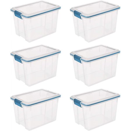 6-Pack 20 Qt Gasket Box, Stackable Storage Bin with Latching Lid and Tight Seal, Plastic Container to Organize Basement, Clear Base and Lid