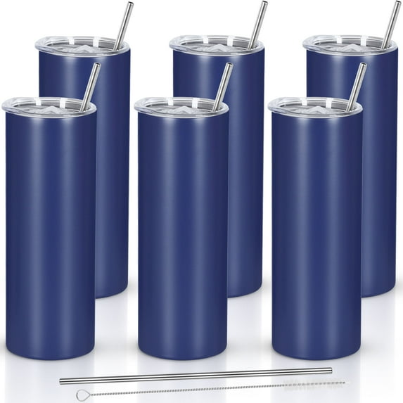 6 Pack 20 oz Skinny Straight Tumbler Bulk, Stainless Steel Double Wall Insulated Tumblers with Lids and Straws, 20 oz Slim Travel Cup for Drinks Coffee Water, Diy Gift Tumbler, Navy Blue