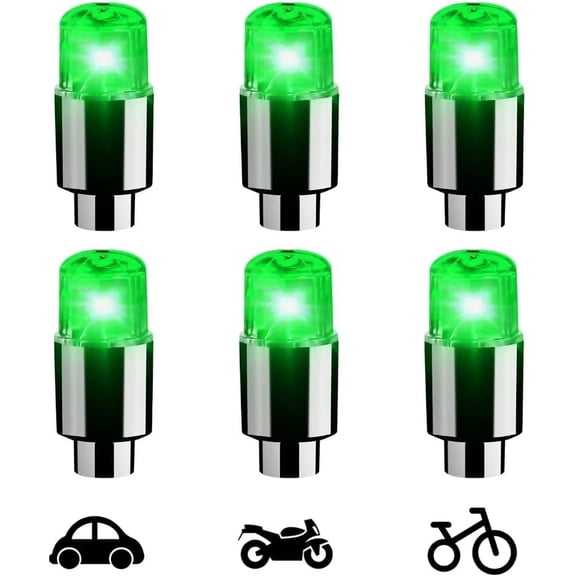 6 Pack 2025 New Green Wheel Lights Cap LED Tire Valves Cap Light LED Tire Valve Stem Caps Neon Light Waterproof Wheel Spoke Lights LED Tire Lamp for Motorcycle Bicycle Car Accessories