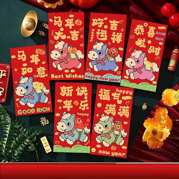 6 Pack 2026 Chinese Lunar New Year Red Envelopes, Year of the Horse Themed Hong Bao for Money Gifts, Gold Foil Printed Design for Festive Occasions