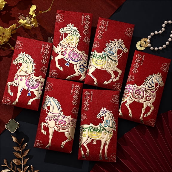6-Pack 2026 Year of the Horse Lunar New Year Red Envelopes, Gold Foil Printed Hong Bao for Lucky Money Gifts