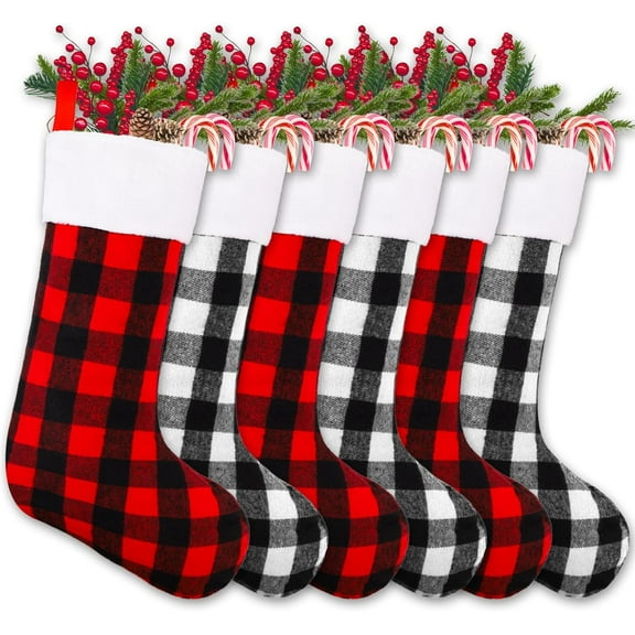 6 Pack 22 Inches Christmas Stockings, Xmas Large Black Red Buffalo Plaid Hanging Stockings Decorations for Christmas Tree Fireplace Family Holiday Party Decor
