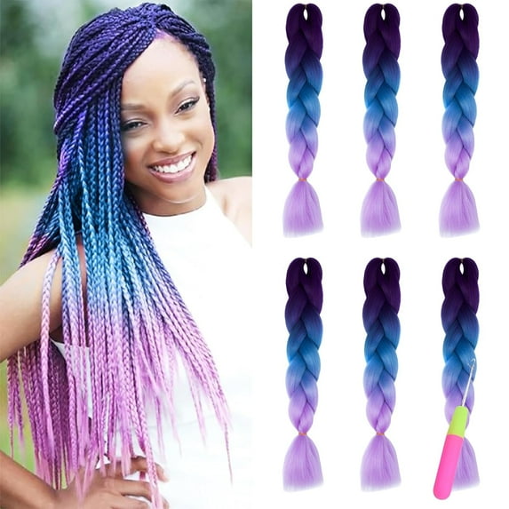 6 Pack 24 Inch Braiding Hair Extensions, Colored Pre Stretched High Temperature Synthetic Ombre Braids Hair Yaki Texture for Girls and Women (Black-Purple-Deep purple)