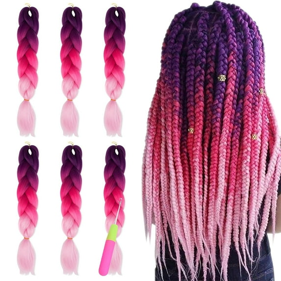 6 Pack 24 Inch Braiding Hair Extensions, Colored Pre Stretched High Temperature Synthetic Ombre Braids Hair Yaki Texture for Girls and Women (Black-Purple-Deep purple)