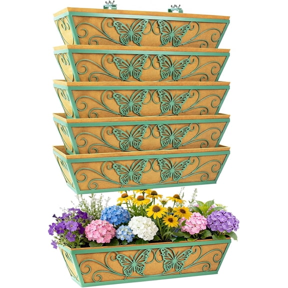 6 Pack 24 Inch Window Boxes Planter Railing Planters Box with Adjustable Brackets for Porch Deck Balcony Hanging Butterfly Decorative Flower Baskets & Non-Woven Fabric Liner for Outdoor Plants -Green