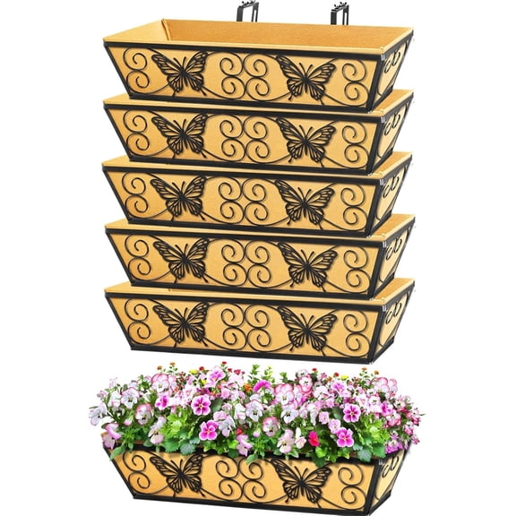 6 Pack 24 Inch Window Boxes Planters Railing Planter Box with Adjustable Brackets for Porch Fence Patio Balcony Hanging Flower Baskets with Woven Fabric for Outdoor Garden Decor - Black