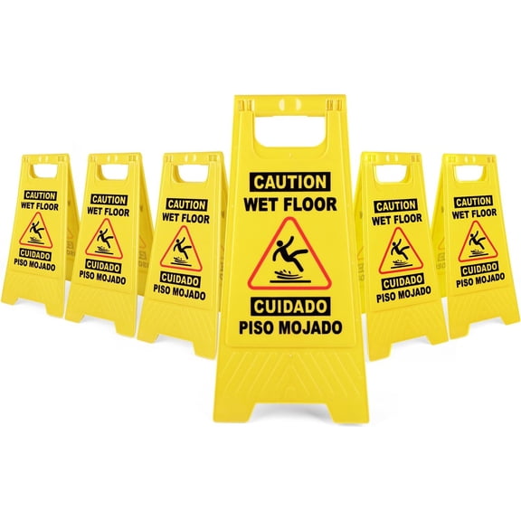 6 Pack 24 Inch Yellow Foldable A Frame Wet Floor Signs Double Sided English Spanish Plastic Warning Marker With Carry Handle