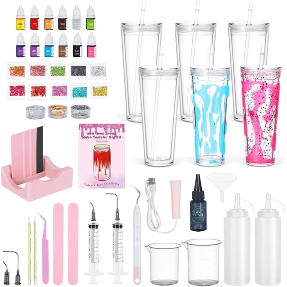 6 Pack 24 Oz Lava Lamp Snow Globe Tumbler Diy Starter Kit, Double Wall Plastic Pre-Drilled Snowglobe Tumbler Supplies Craft Tool Set