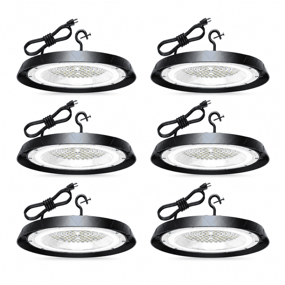 6 Pack 250W UFO LED High Bay Lights, 60000LM 6000K Daylight IP65 Garage Shop Light, CRI>90 120° Coverage with 5ft Plug & Play Power Cable
