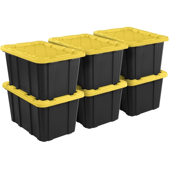 6-Pack 27-Gallon Industrial Totes - Rugged Black & Yellow Plastic Storage Bins with Secure Snap-On Lids, Stackable Design for Garage, Warehouse or Workshop Organization