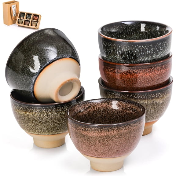 6 Pack 2oz Ceramic Tea Sake Cups, Handcrafted Chinese Kungfu Tea Cup, Japanese Sake Cup Set, Small Tea Cup for Soju Shot, Matcha, Saki, Asian Tea Accessories, 6 Colors