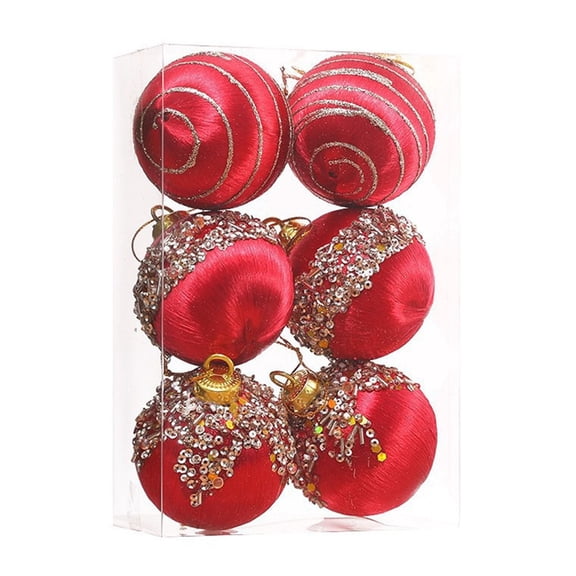 6 Pack 3.15" Christmas Satin Silk Ball Ornaments, Sequin Shiny Baubles with Hooks and Strings for Xmas Tree Decor, Colorful Foam Balls for Wedding Party Indoor Outdoor Use, Red