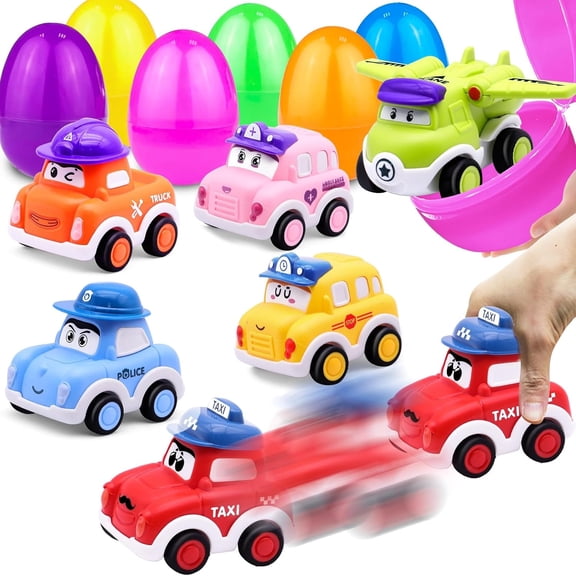 6 Pack 3.8-Inch Jumbo Easter Eggs with Pull Back Race Cars Inside, 6 Assorted Toy Vehicles for Kids, Easter Basket Stuffers and Egg Hunt Party Favors
