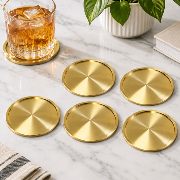 6 Pack 3 Inch Pure Copper Drink Coasters, Mid Modern Century Bronze Table Bar Decor