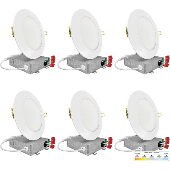 6 Pack 3 Inch Ultra-Thin LED Recessed Lighting, Selectable 2700K/3000K/3500K/4000K/5000K, 550 Lumens, IC Rated, Dimmable Slim Panel Light, White Trim Canless Wafer Light, Metal J-Box, ETL