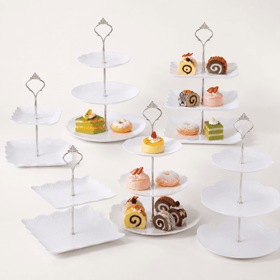 6 Pack 3 Tiered Serving Tray, Serving Tower 3 Tier Cupcake Stand Dessert Stand Bulk, White Thick Plastic Cupcake Tray Cookie Display for Tea Party Wedding Birthday Home(Silver)