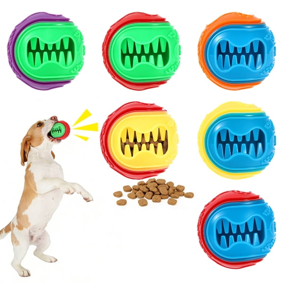 6-Pack 3-in-1 Dog Balls 2.6" Squeaky Treat Dispenser Ball Toys Interactive Durable Rubber Teething Fetch Ball for Small Medium Dogs to Keep Them Busy Playing Indoor Outdoors