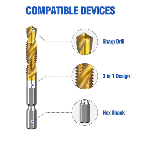 6 Pack 3 in 1 Spiral Tap Hex Shank Drill Bit Set