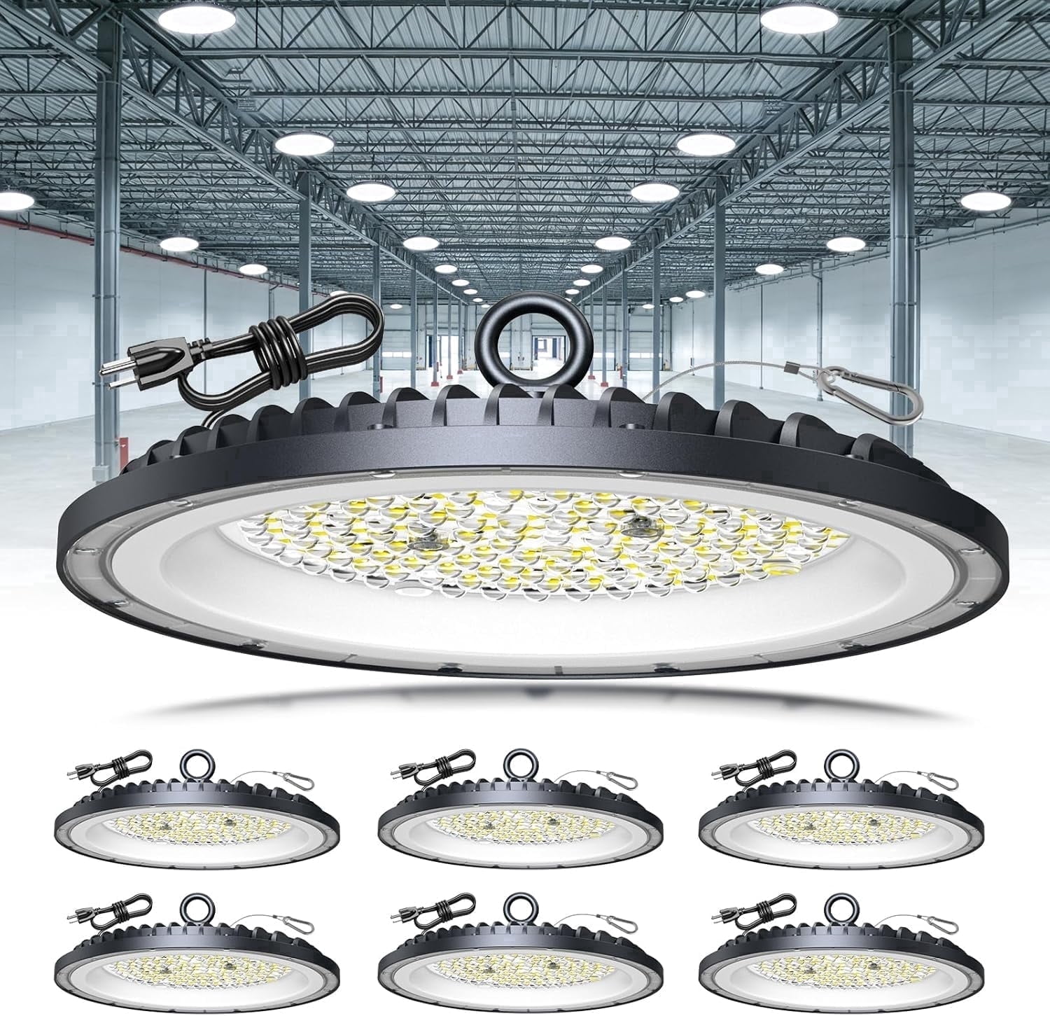 6 Pack 300W Shop Lights, 45000LM UFO LED High Bay Light 6000K Garage Lights IP65 Waterproof Commercial Bay Lighting for Warehouse, Gym, Factory