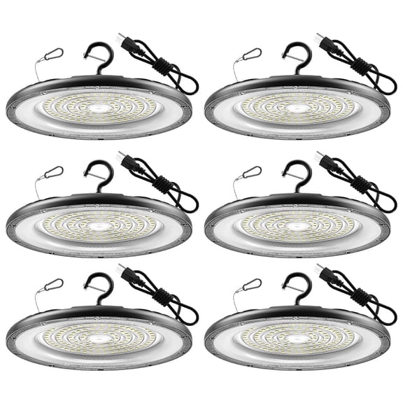 6 Pack 300W UFO LED High Bay Light, 6000K Daylight 45000LM Commercial LED Shop Light with US Plug & 5Ft Cable for Warehouse Garage Gym Workshop Barn