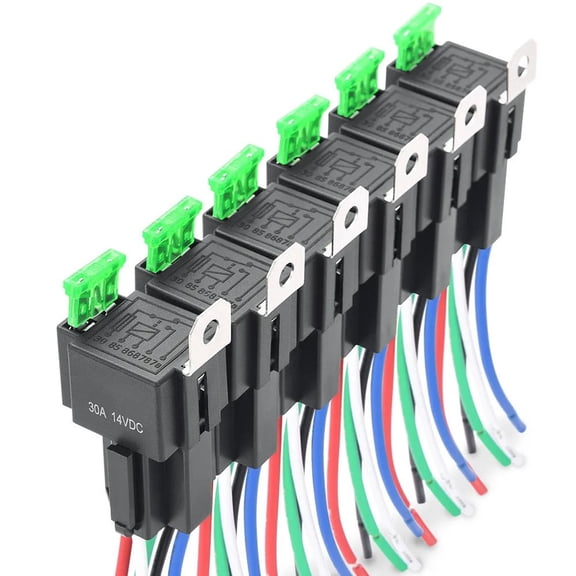 6 Pack 30A Fused Relay Switch Set 12V DC Auto Wiring Harness with Color Coded Connections for Easy Integration