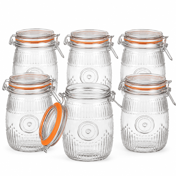 6-Pack 32-Ounce Wide-Mouth Vintage Glass Mason Jars with Airtight Hinged Lids, Quart Storage Canisters for Coffee, Sugar, Beans and Pantry Organization