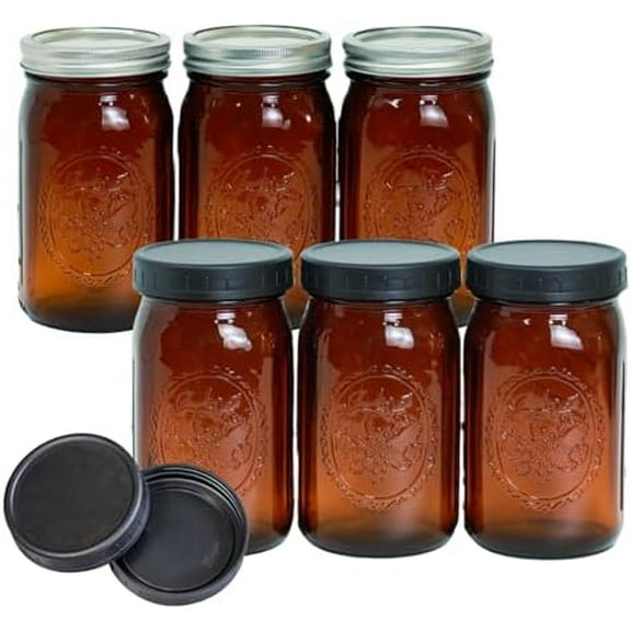 6 Pack 32 oz Amber Mason Jars, Wide Mouth Mason Jars with Lids and Bands and 6 Black Plastic Mason Jar Lids, Canning Jars Used for Canning, Pickling, Juice, Jam, Jelly$$Home Decor, Kitchen, & Other