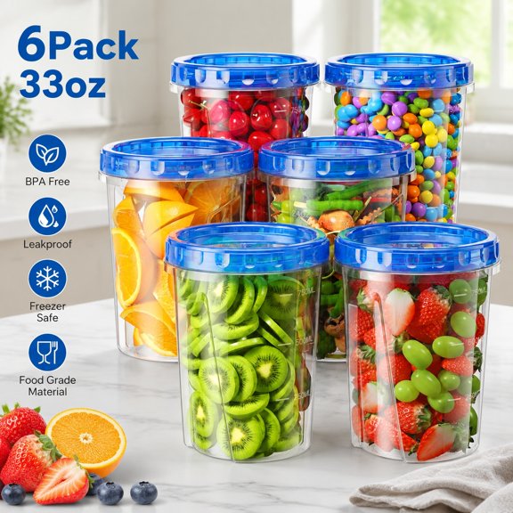 6 Pack 33oz Plastic Freezer Storage Containers with Airtight Twist Top Lids, BPA Free, Microwave & Dishwasher Safe Food Storage Containers