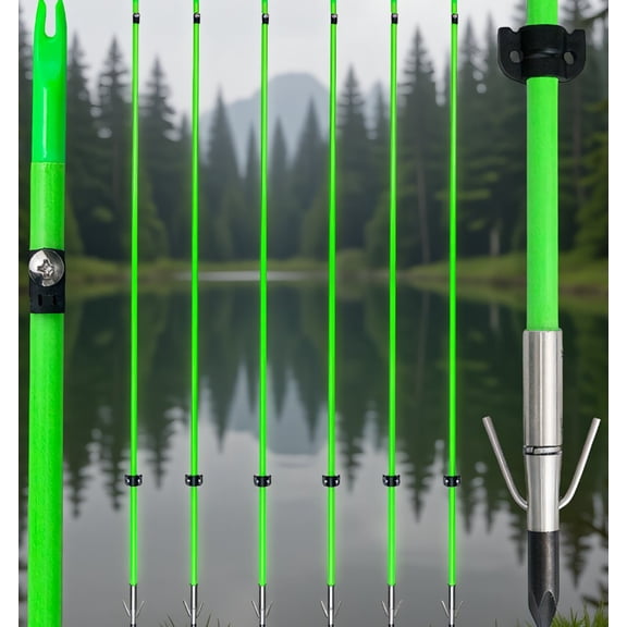 6-Pack 34.8" Bowfishing Arrows, 8mm Fiberglass Shafts with Safety Slides, Barbed Broadheads & Glow-in-Dark Feature