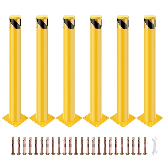 6 Pack 36 In Steel Safety Bollards 4.5 In Diameter Yellow Parking Posts with Anchor Bolts for Traffic Control Warehouse Safety Wrench Included