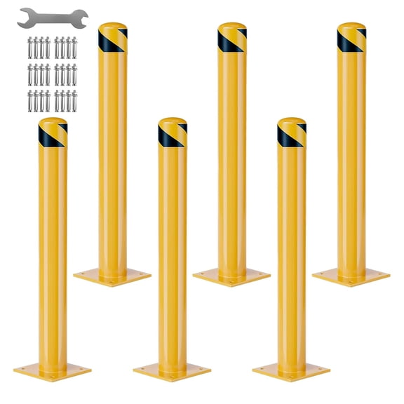 6 Pack 36 In Steel Safety Bollards Removable Parking Posts with Reflective Tape and Anchor Bolts