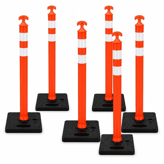 6 Pack 36 Inch Traffic Delineator Cones with Water-Fillable Base, Orange Reflective Safety Delineator Posts for Construction, Parking Lots, Road Traffic Control & Crowd Management