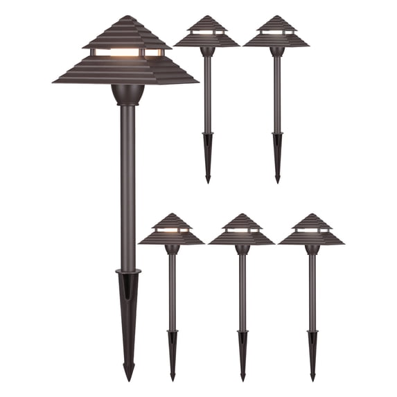 6 Pack 3CCT LED Pathway Lights, Low Voltage Landscape Lights, 3000K/4000K/5000K, 2-Tier Pagoda Head, 12-15V AC/12-24V DC, IP65, Aluminum Housing
