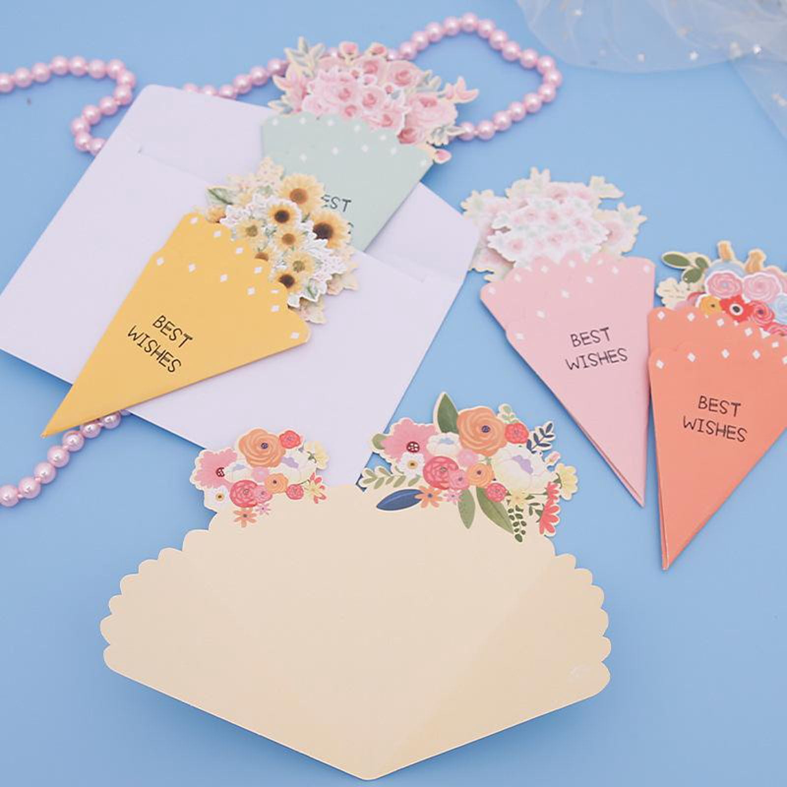 6 Pack 3D Bouquet Style Greeting Cards, Mother's Day Bouquet Paper Greeting Card, "Best Wishes" Floral Cone-Shaped Cards for Mother's Day, Birthday, Anniversary Gift