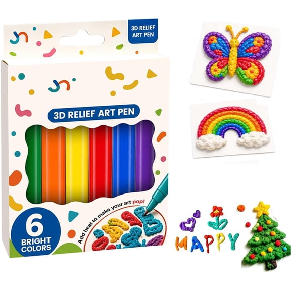 6 Pack 3D Magic Popcorn Pens, Heat-Activated Expanding Paint Markers for Drawing, Coloring, Crafts, Art Projects & DIY Gift Decorating