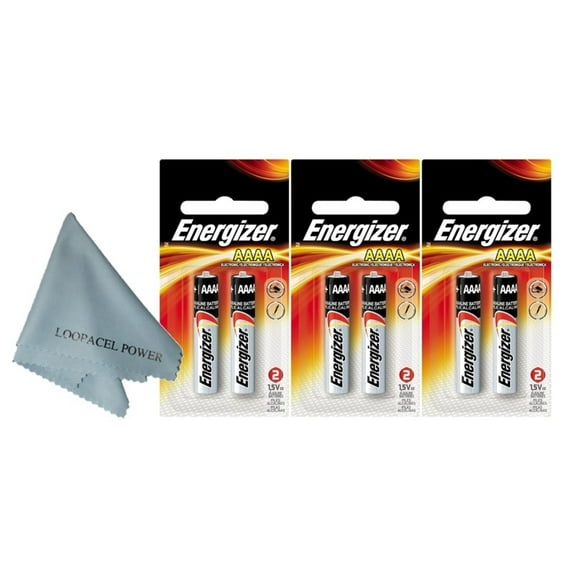 6 Pack 3x2 Energizer AAAA Alkaline Batteries - with Loopacell Brand Microfiber Cleaning Cloths Ultra Smooth
