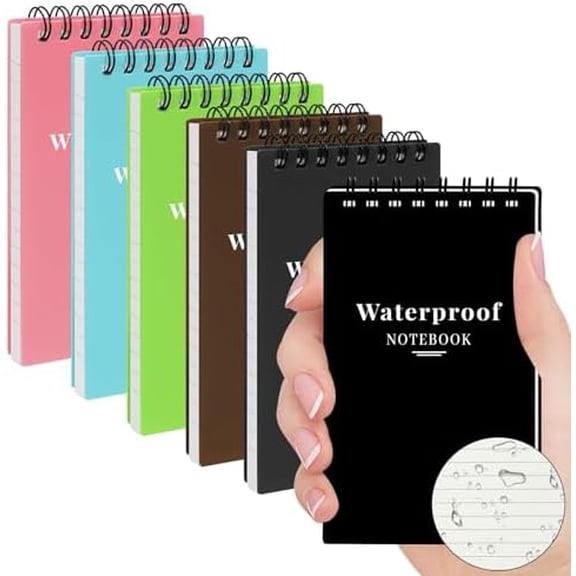 6 Pack 3x5" Waterproof Mini Notebook, Top Spiral Small Notepad for Outdoor | Pocket Notepad, Stone Paper Note Pads, All-Weather Tearproof Stain & Grease Resistant, for Camping Office Travel Work