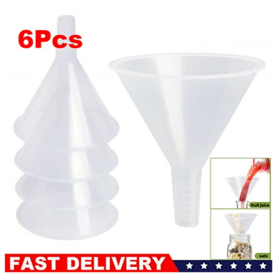 6 Pack 4.6 Inch Multi-Purpose Clear Plastic Funnels with Long Reaching Spout