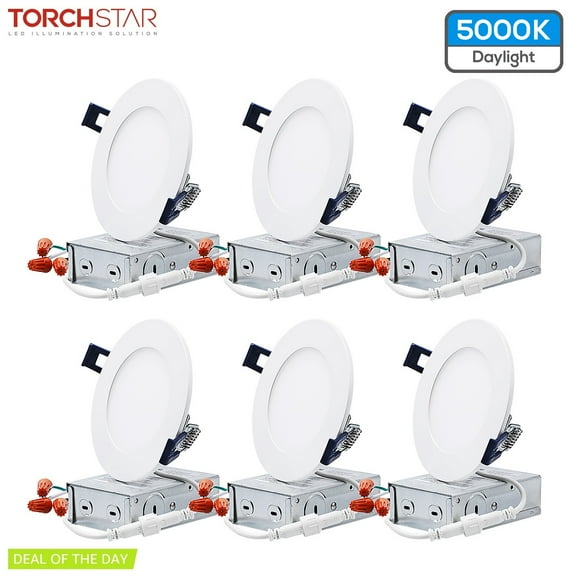 6 Pack 4 Inch LED Recessed Downlight with J-box, Dimmable, Ultra-Thin Panel, 5000K Daylight