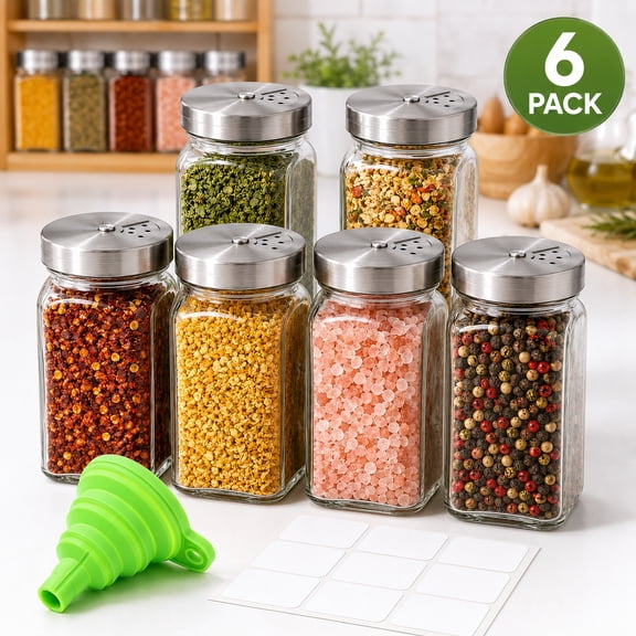 6 Pack 4 oz Square Spice Jars with Labels, Shaker Lids, Seasoning Containers for Herbs, Salt, Pepper, Chili, Kitchen Cabinet Organizer with Funnel