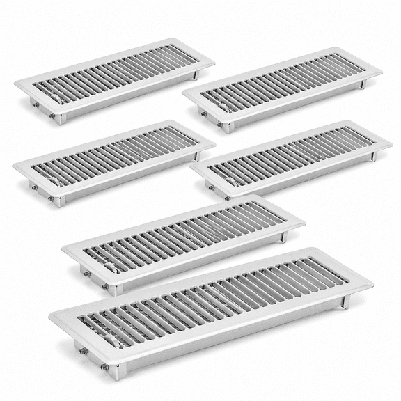 6 Pack 4" x 12" Heavy Duty Steel Walkable Floor Register - Easy Adjust Air Supply Lever - White, 4x12 Inches